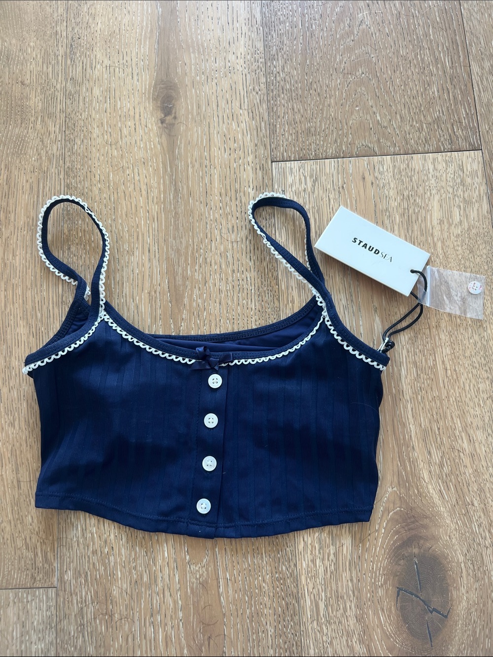 STAUD Navy Ribbed Cropped Tank with Cream Scallop Trim